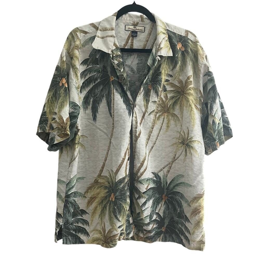 Tommy Bahamas Palm Tree Silk Button Down Short Sleeve Shirt-Large